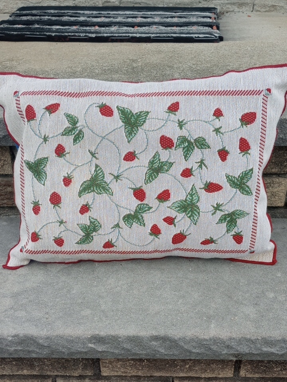 Strawberry Tapestry Vintage Toss Pillow. Red Green Cream Blue. As-Is